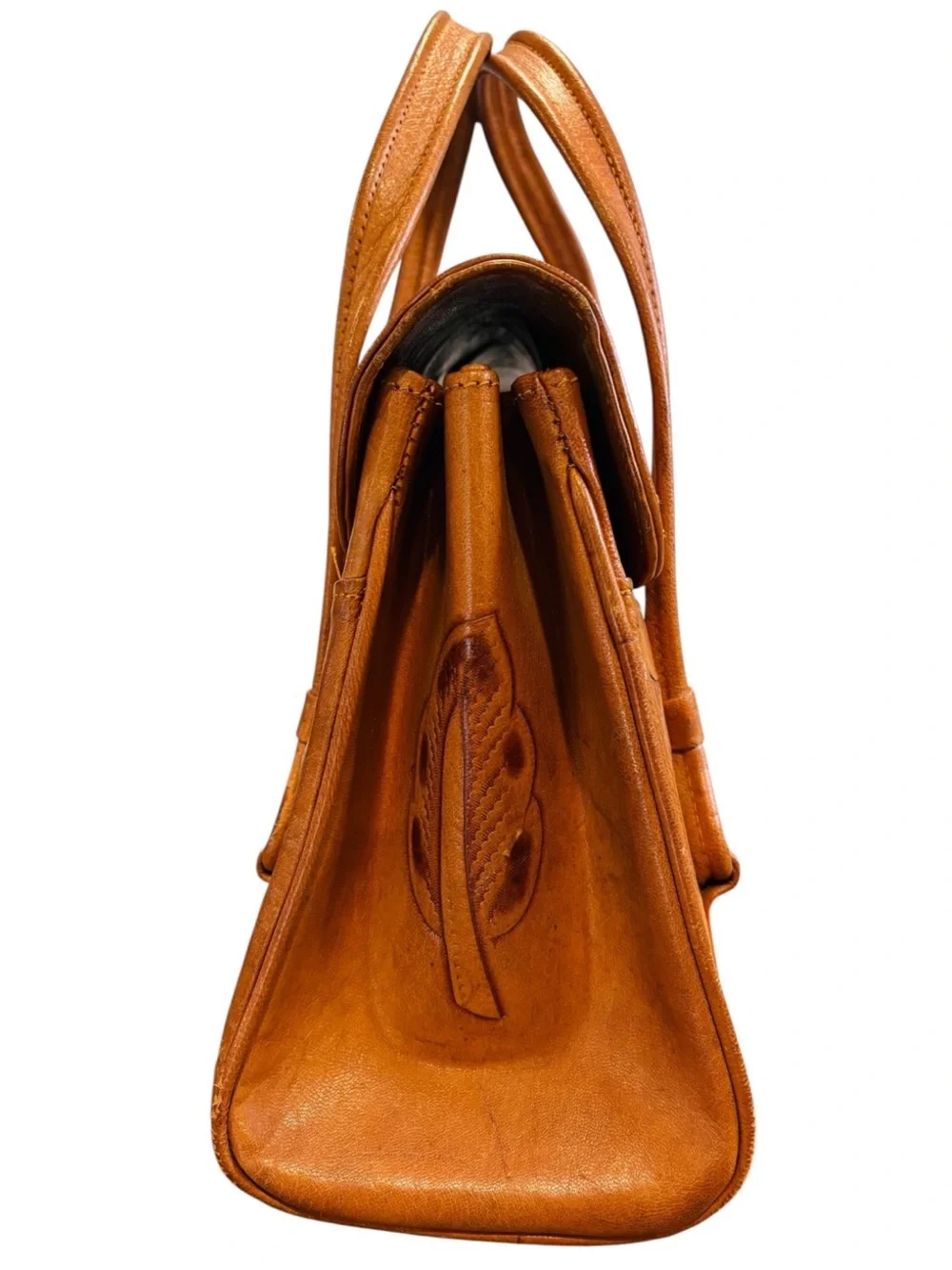 VINTAGE Hand- Tooled Leather Satchel Handbag featuring an Intricate Floral Motif